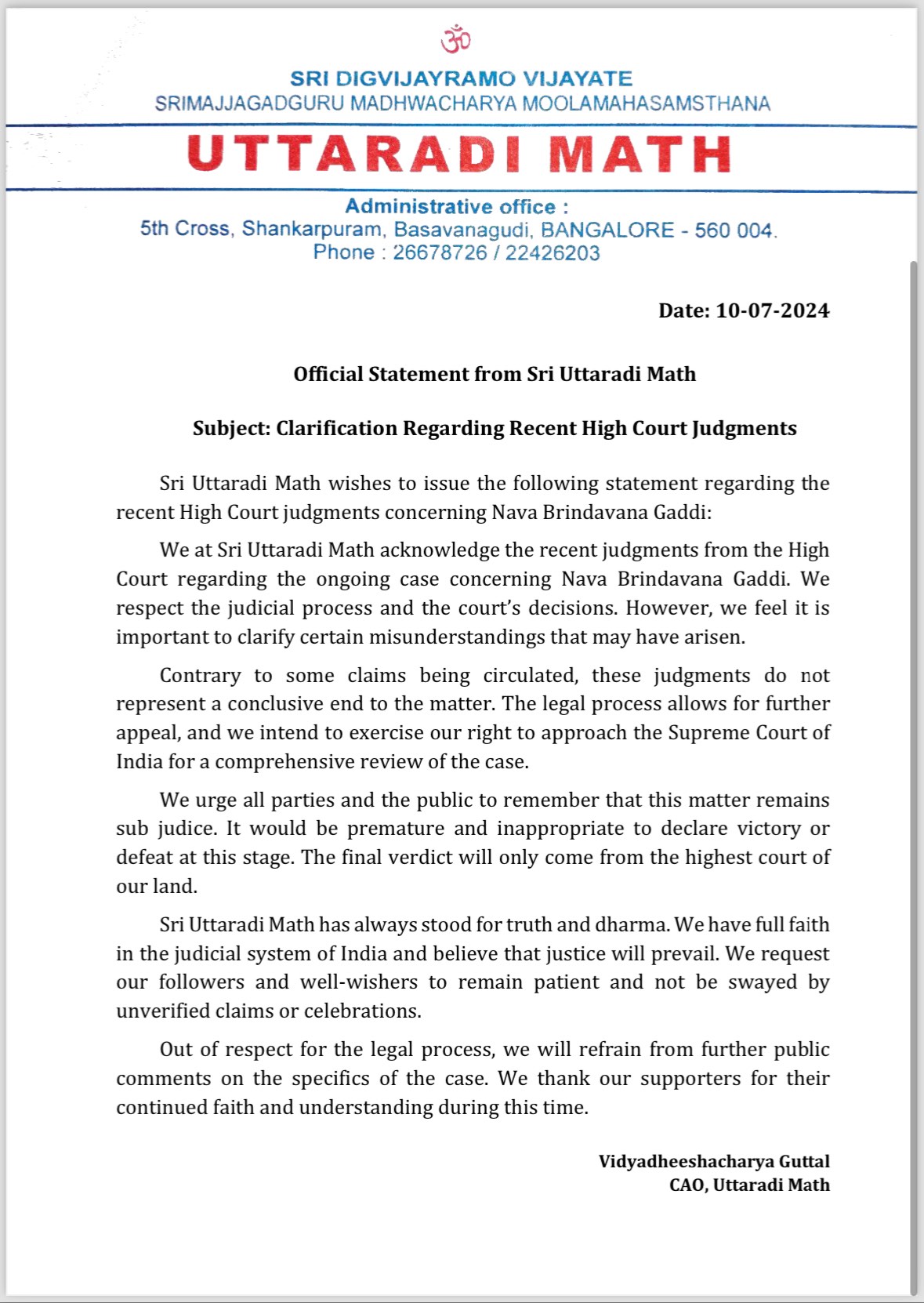 Clarification Regarding Recent High Court Judgement-1