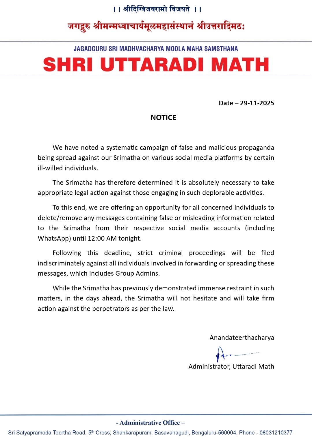 Intimation regarding spread of misinformation-1